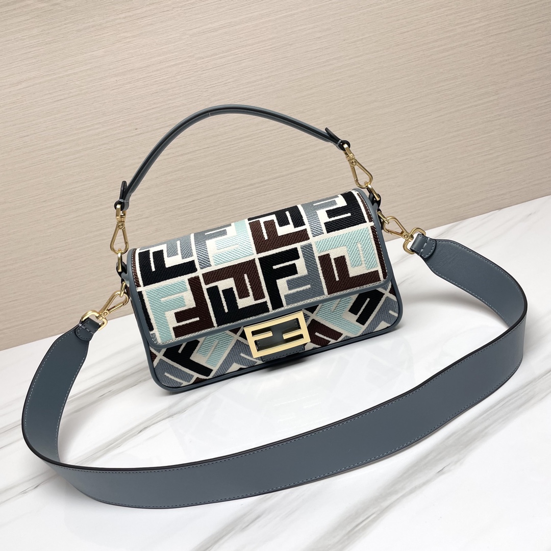 Fendi Medium Baguette FF Canvas Embroidery Shoulder Bag Multicolor/Grey Blue